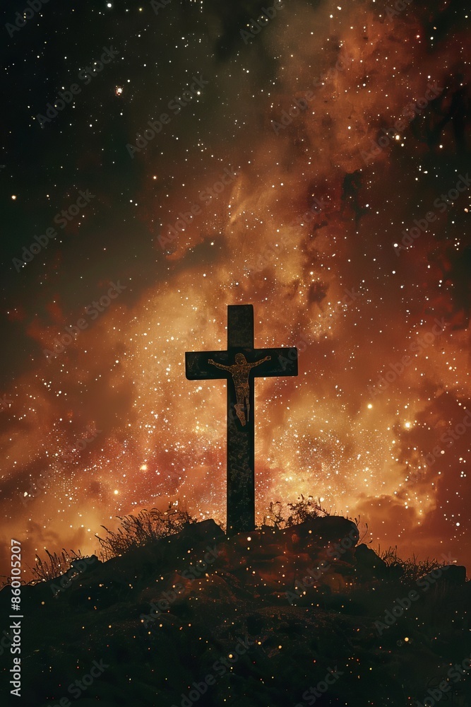 Illustration of a battlefield cross against a backdrop of stars. Illustration of a battlefield cross against a backdrop of stars.