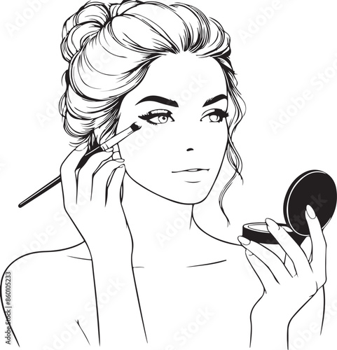 Beauty in Lines: A Woman Applies Makeup, Vector Illustration 