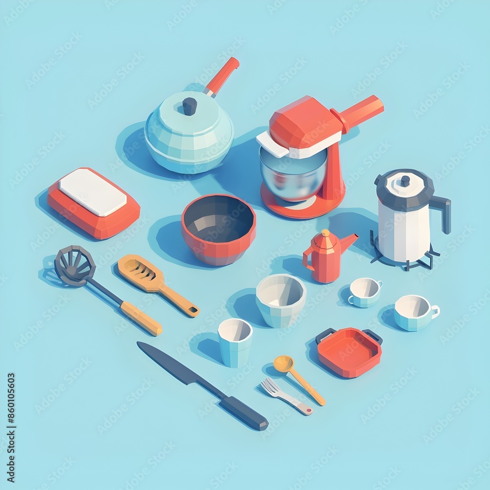 Vibrant Isometric 3D Pixel Art Kitchenware Collection on Colored Background Vibrant Isometric 3D Pixel Art Kitchenware Collection on Colored Background