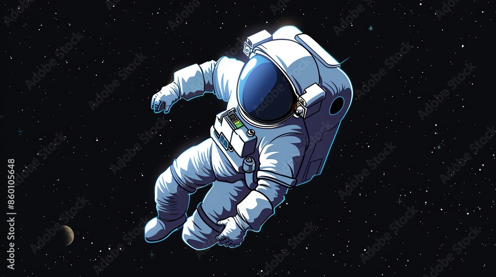 Fototapeta premium A cartoon astronaut floating in space with a planet in the background.