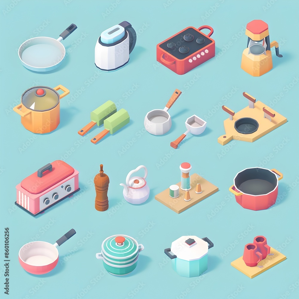Colorful Kitchenware Utensils Pixel Art Isometric on Pastel Background Colorful Kitchenware Utensils Pixel Art Isometric on Pastel Background