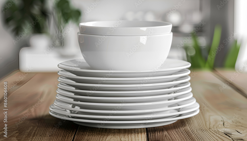 Closeup of variety dishes, bowls and other goods for kitchen on wooden table Closeup of variety dishes, bowls and other goods for kitchen on wooden table