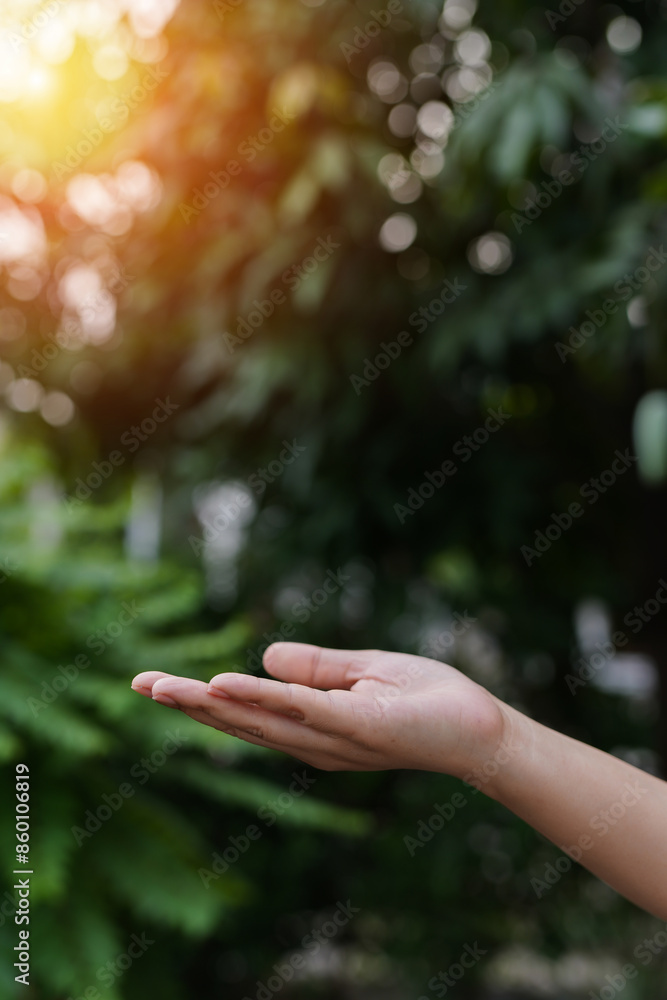 Technology, hand holding with environment Icons over the Network connection on green background.