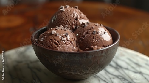 A bowl containing three generous scoops of chocolate ice cream garnished with chocolate shavings, placed on a marble surface, showcasing a treat for dessert lovers.
