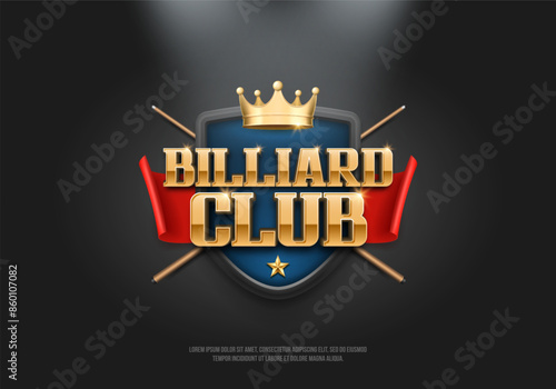 Billiard club logo with golden crown and cues. Vector illustration.