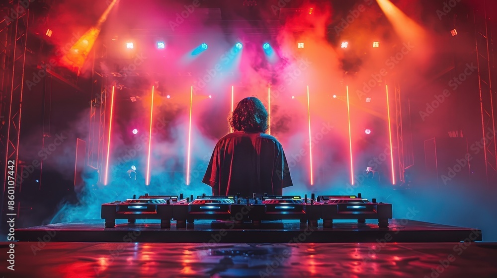 A DJ stands behind their equipment, skillfully mixing music on stage as vibrant, multicolored lights illuminate the scene, creating an immersive auditory and visual experience. A DJ stands behind their equipment, skillfully mixing music on stage as vibrant, multicolored lights illuminate the scene, creating an immersive auditory and visual experience.