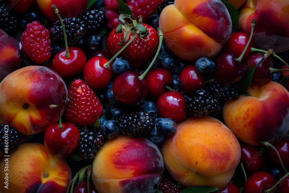 A close up of a fruit salad with a variety of fruits including cherries A close up of a fruit salad with a variety of fruits including cherries