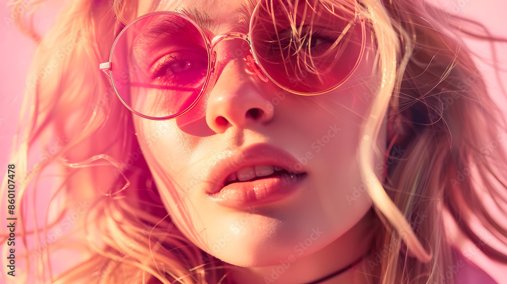 Closeup portrait of magnificent caucasian girl in round pink sunglasses Lovable longhaired blonde woman enjoying life and having fun at resort : Generative AI Closeup portrait of magnificent caucasian girl in round pink sunglasses Lovable longhaired blonde woman enjoying life and having fun at resort : Generative AI
