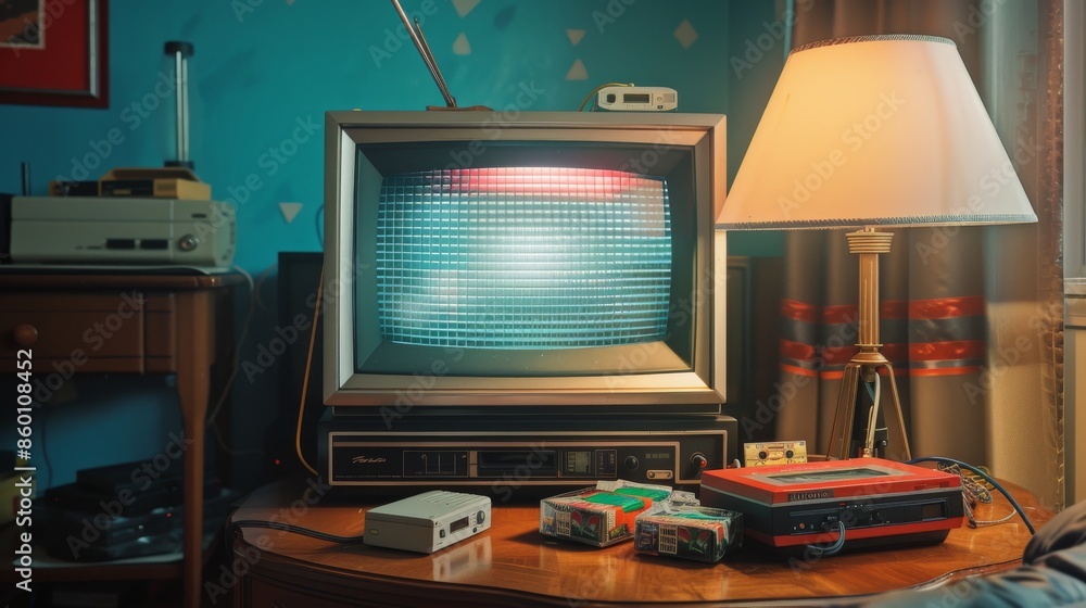 Capture a nostalgic 1980s living room with a bulky television set showing static, VHS tapes ...
