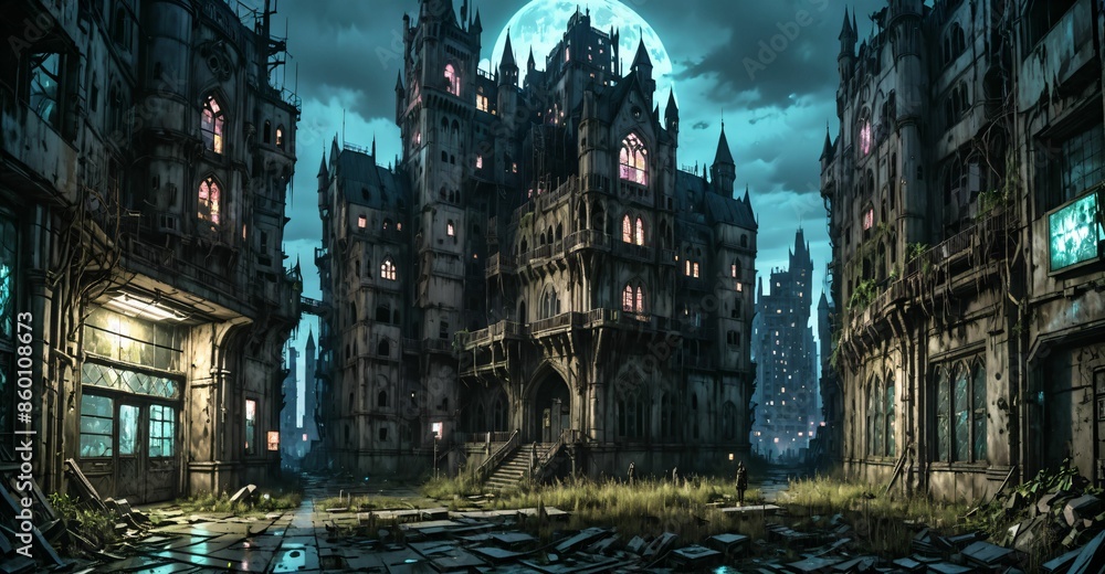 Fototapeta premium gothic castle medieval palace on city street at night. dystopian architecture downtown building with urban puddle reflections.