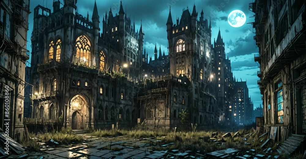 Fototapeta premium gothic castle medieval palace on city street at night. dystopian architecture downtown building with urban puddle reflections.