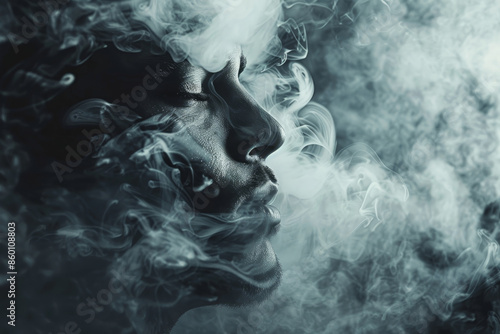 A woman's face is obscured by smoke, creating a sense of mystery and intrigue