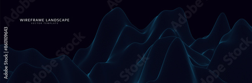 Wireframe landscape. Futuristic 3d mesh background. Digital hills technology. Vector illustration.