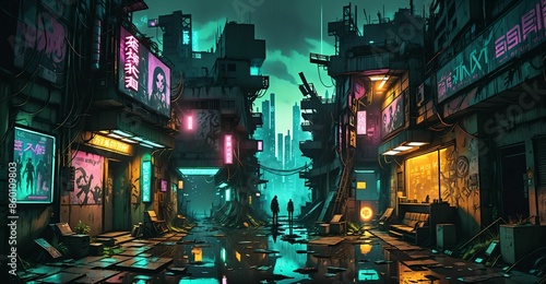 cyberpunk city buildings sci fi futuristic wasteland cyber slums at night. neon signs dystopian town ghetto urban downtown business and houses night life.