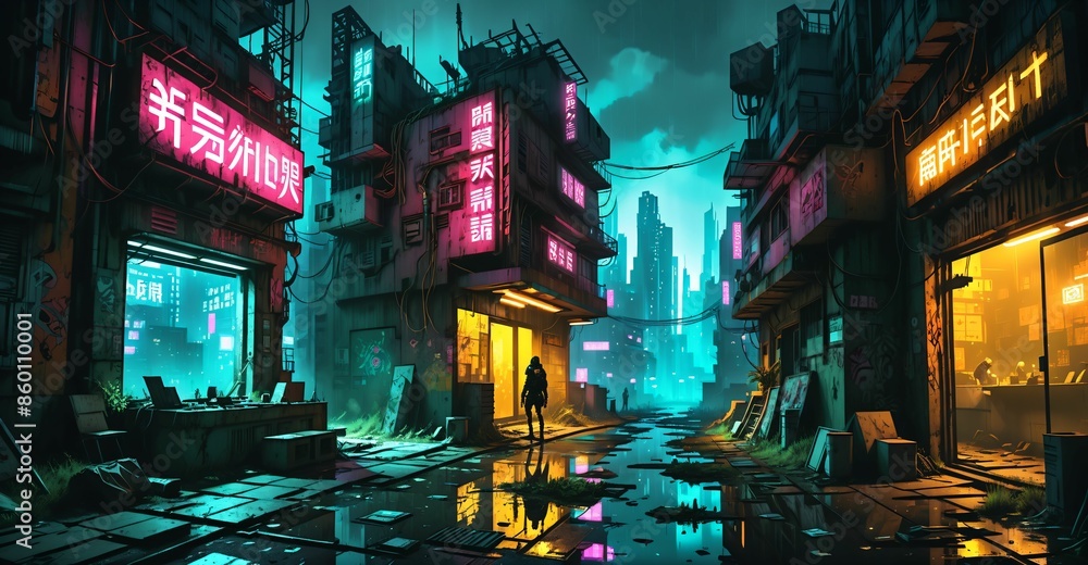 Obraz premium cyberpunk city buildings sci fi futuristic wasteland cyber slums at night. neon signs dystopian town ghetto urban downtown business and houses night life.