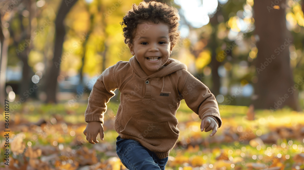 Boy running in park with joyful smile Boy running in park with joyful smile