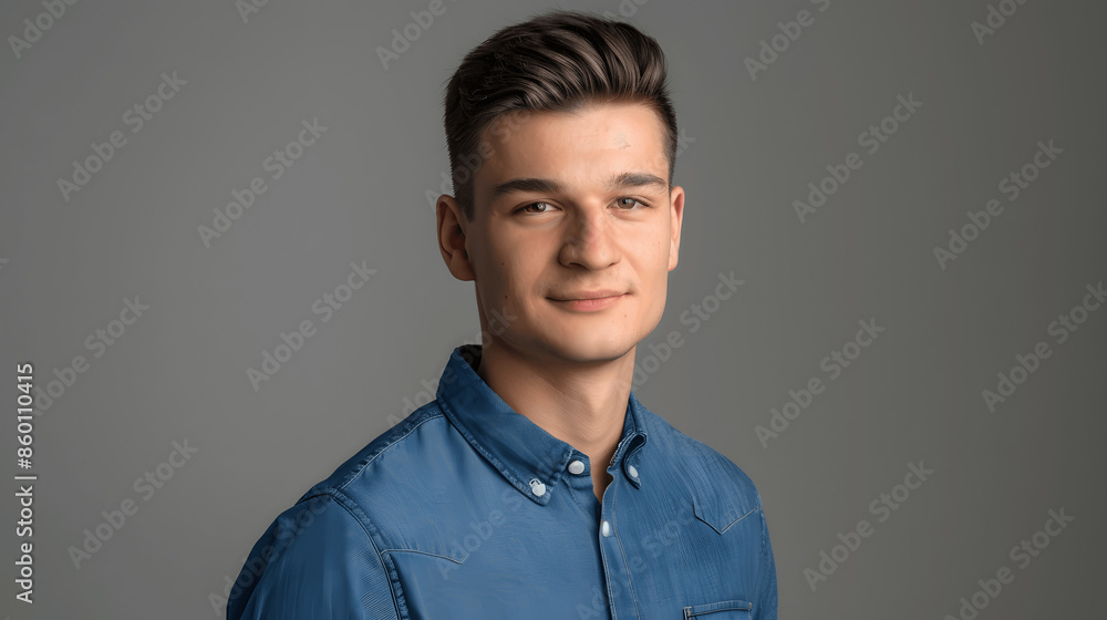 Confident young man in blue shirt headshot Confident young man in blue shirt headshot