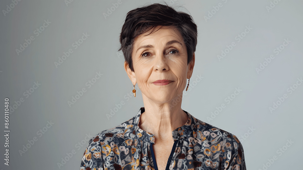 Middle-aged woman in patterned blouse portrait Middle-aged woman in patterned blouse portrait