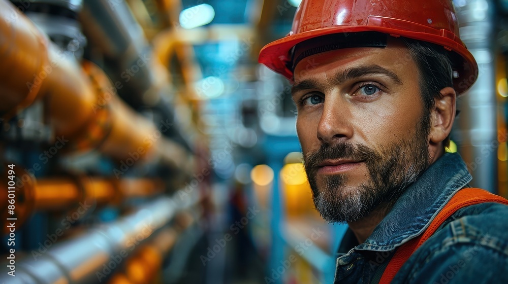 A seasoned industrial worker, donning a red helmet and serious expression, stands amidst industrial machinery in a factory setting, representing resilience and hard work. A seasoned industrial worker, donning a red helmet and serious expression, stands amidst industrial machinery in a factory setting, representing resilience and hard work.