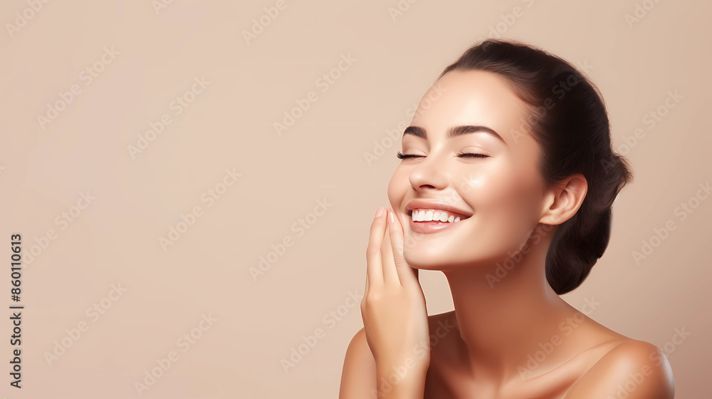 Woman smiling while touching her flawless glowy skin with copy space for your advertisement, skincare Woman smiling while touching her flawless glowy skin with copy space for your advertisement, skincare