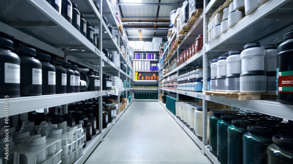 A warehouse with shelves lined with barrels and containers of various chemicals. A warehouse with shelves lined with barrels and containers of various chemicals.