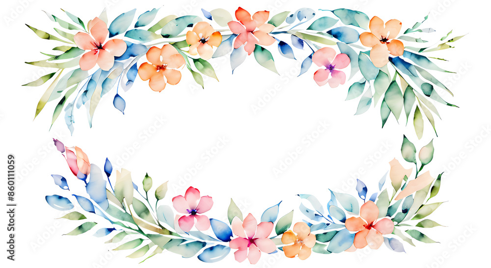 The frame is made of colorful flowers in a watercolor style painted on a transparent background. The frame is made of colorful flowers in a watercolor style painted on a transparent background.