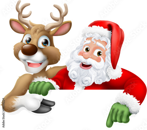 Cartoon Santa Claus or Father Christmas and his reindeer peeking over a sign and pointing