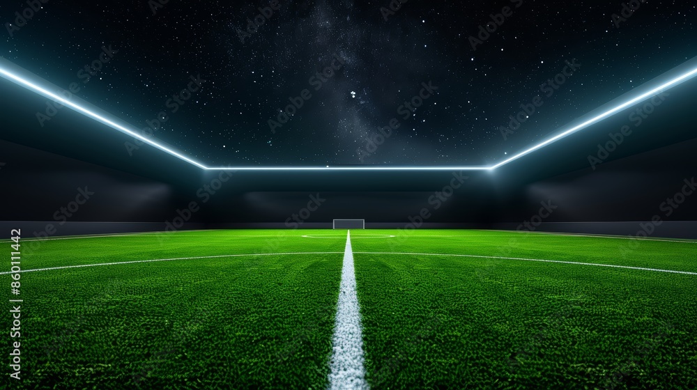Obraz premium Nighttime view of an empty soccer field, lush green grass illuminated by colorful lights, clear starry sky overhead. Scene set for 2024 championship tournaments and league matches