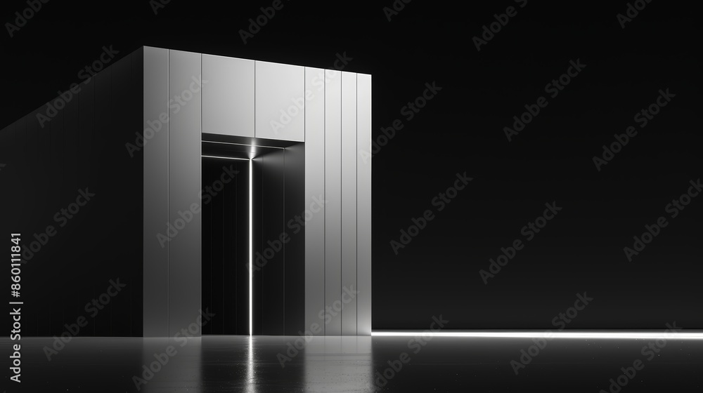 Photorealistic modern tall building, symmetrical with straight sides, shiny silver color, deep doorway, set against a black background, reflecting light subtly Photorealistic modern tall building, symmetrical with straight sides, shiny silver color, deep doorway, set against a black background, reflecting light subtly