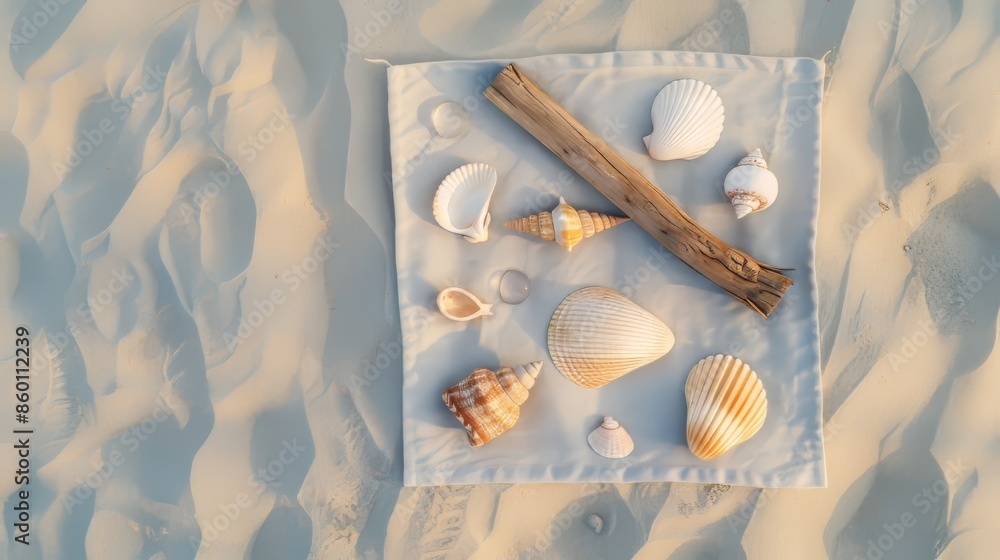 © EF Studio - a flat lay composition of beachcombing treasures--seashells, driftwood, and sea glass © EF Studio - a flat lay composition of beachcombing treasures--seashells, driftwood, and sea glass