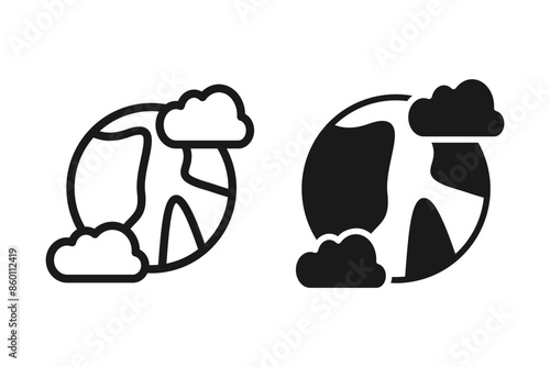 Black Earth planet with clouds icon isolated on white background. Earth globe with atmosphere covered by clouds and gases