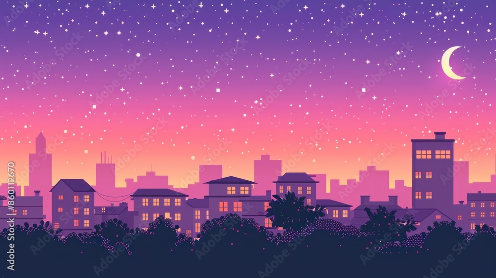 Fototapeta premium Nighttime Cityscape with Starry Sky and Crescent Moon