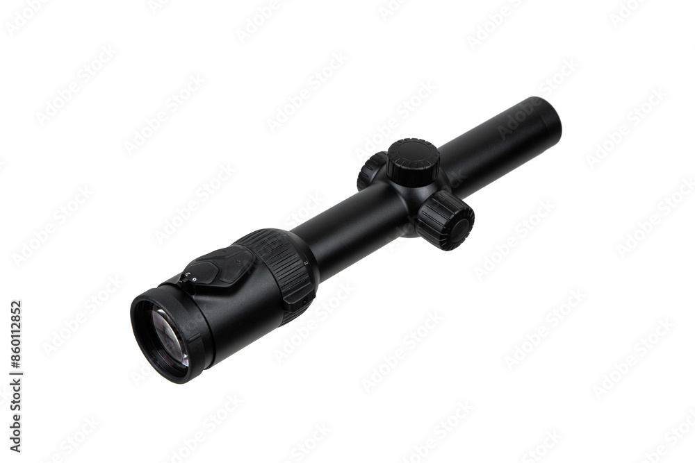 Modern sniper scope on a white back. Optical device for aiming and shooting at long distances. Modern sniper scope on a white back. Optical device for aiming and shooting at long distances.