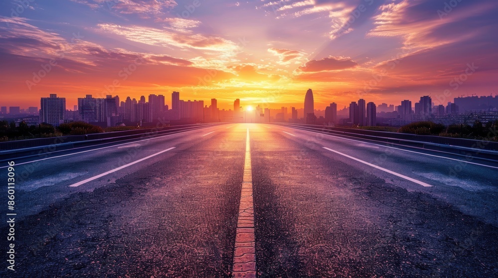 Empty highway leading to the city skyline during a colorful sunrise, symbolizing a new journey and urban development. Empty highway leading to the city skyline during a colorful sunrise, symbolizing a new journey and urban development.