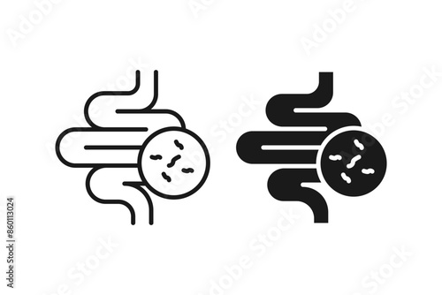 Intestine with bacteria icon set. Irritable bowel syndrome, constipation, intestinal obstruction symbol
