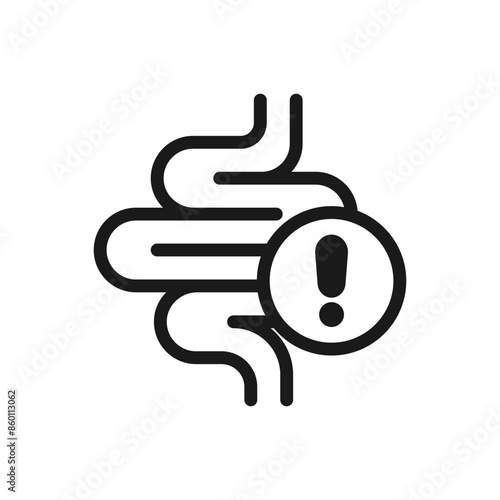 Intestine with exclamation mark icon. Irritable bowel syndrome, constipation, intestinal obstruction symbol
