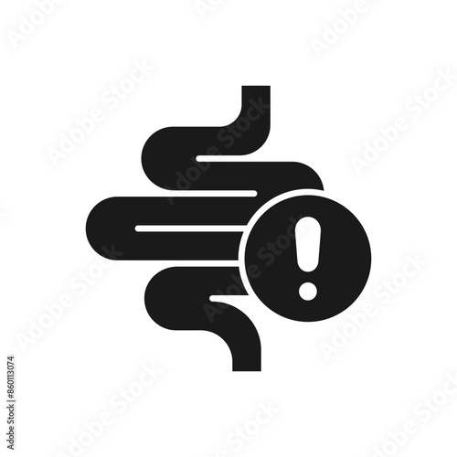 Intestine with exclamation mark icon. Irritable bowel syndrome, constipation, intestinal obstruction symbol
