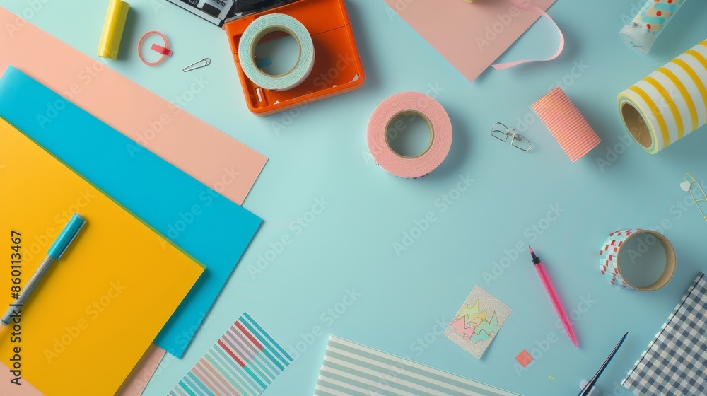 a flat lay composition of DIY craft supplies--scrapbooking paper, washi tape, and stickers a flat lay composition of DIY craft supplies--scrapbooking paper, washi tape, and stickers