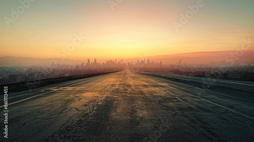 Empty road leading to city skyline at dawn, with colorful sunrise and hazy atmosphere creating a serene and tranquil scene. © narak0rn