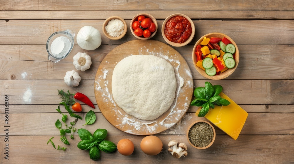 a flat lay composition of DIY gourmet pizza ingredients--pizza dough, fresh vegetables, and cheese slices a flat lay composition of DIY gourmet pizza ingredients--pizza dough, fresh vegetables, and cheese slices