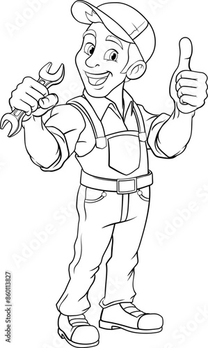 A handyman, mechanic, plumber or other construction cartoon mascot man holding a wrench or spanner tool.
