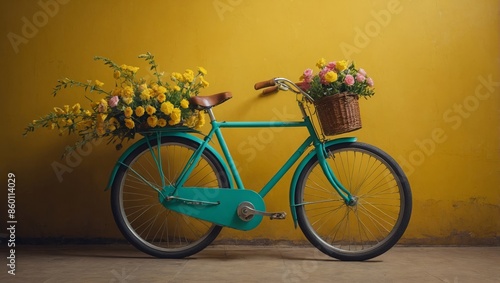 vintage bicycle with flowers on the background of a yellow wall