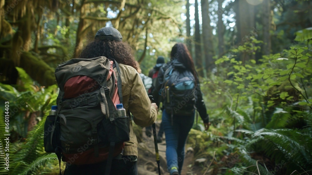 A group of hikers with backpacks trekking through a lush green forest. The image captures the spirit of adventure, teamwork, and exploration in the heart of nature A group of hikers with backpacks trekking through a lush green forest. The image captures the spirit of adventure, teamwork, and exploration in the heart of nature