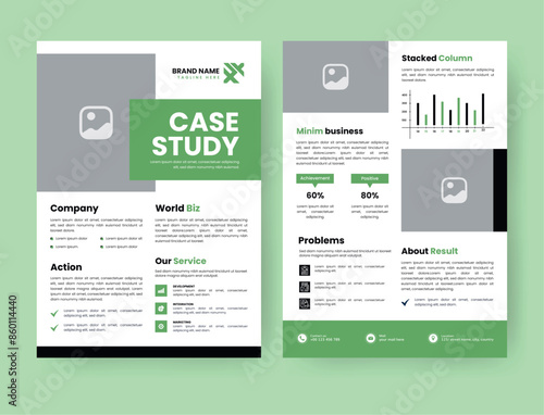 Case Study Layout Flyer. Minimalist Business Report with Simple Design. Green and Black Color Accent.