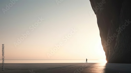 Cinematic portrayal of a figure silhouetted against a monumental rock face in a shrouded landscape photo