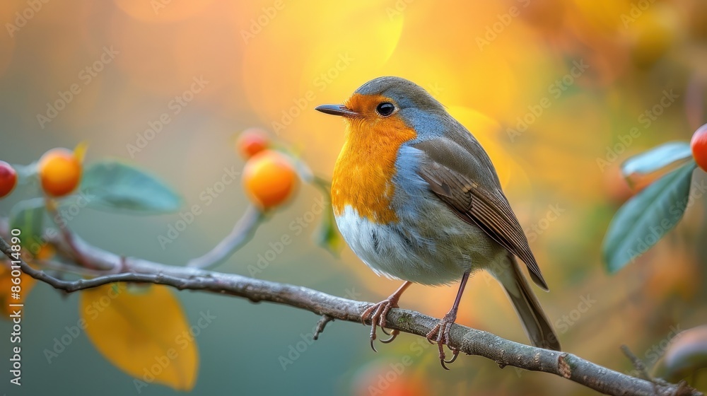 Obraz premium A vibrant European Robin with a reddish-orange chest and grey body is perched on a branch surrounded by autumnal foliage, exuding the beauty of nature in the fall season.