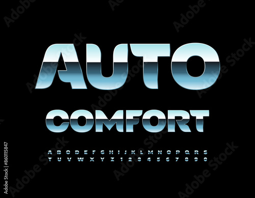 Vector metallic sign Auto Comfort. Exclusive Silver Font. Steel Alphabet Letters and Numbers set.