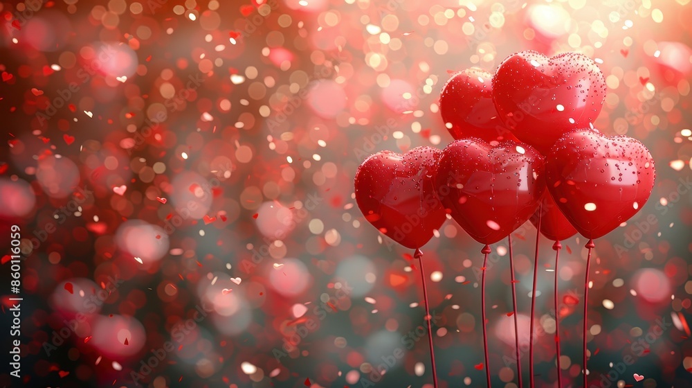 A group of heart-shaped balloons floating amidst a background of vibrant and colorful bokeh lights, evoking a sense of love and celebration. Ideal for romantic themes. A group of heart-shaped balloons floating amidst a background of vibrant and colorful bokeh lights, evoking a sense of love and celebration. Ideal for romantic themes.