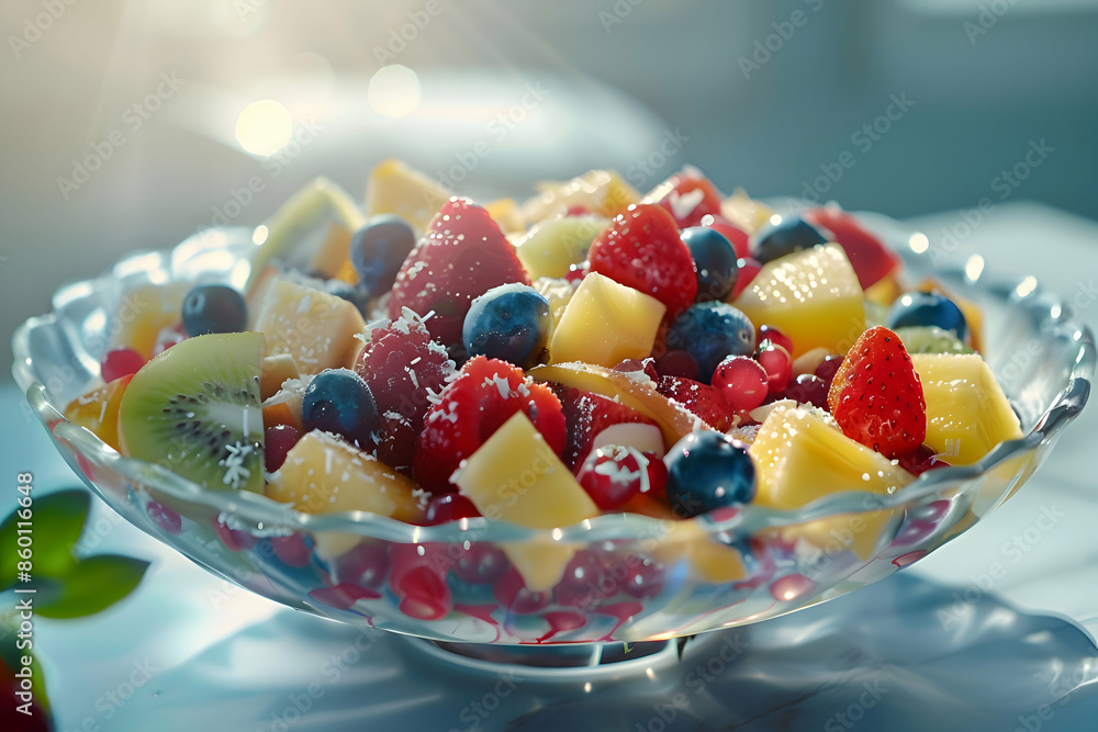 A gourmet fruit salad dish with additional toppings A gourmet fruit salad dish with additional toppings