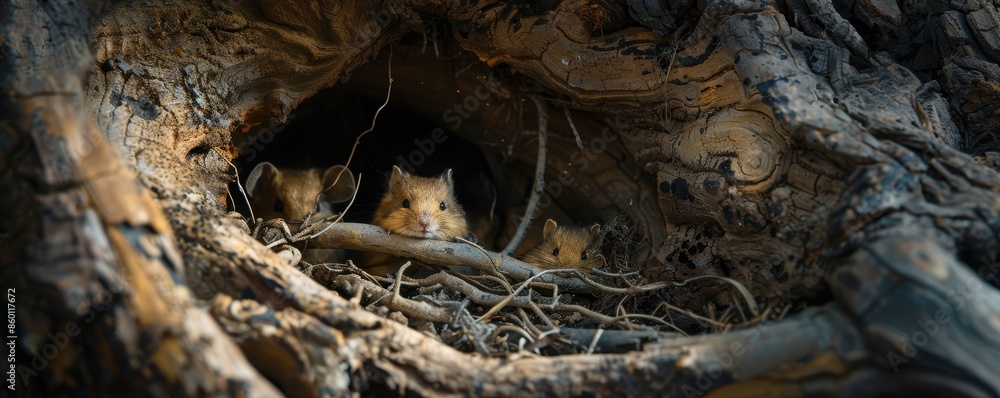 Three curious squirrels peek out from a cozy nest inside a tree trunk, surrounded by intricate bark and branches. Three curious squirrels peek out from a cozy nest inside a tree trunk, surrounded by intricate bark and branches.